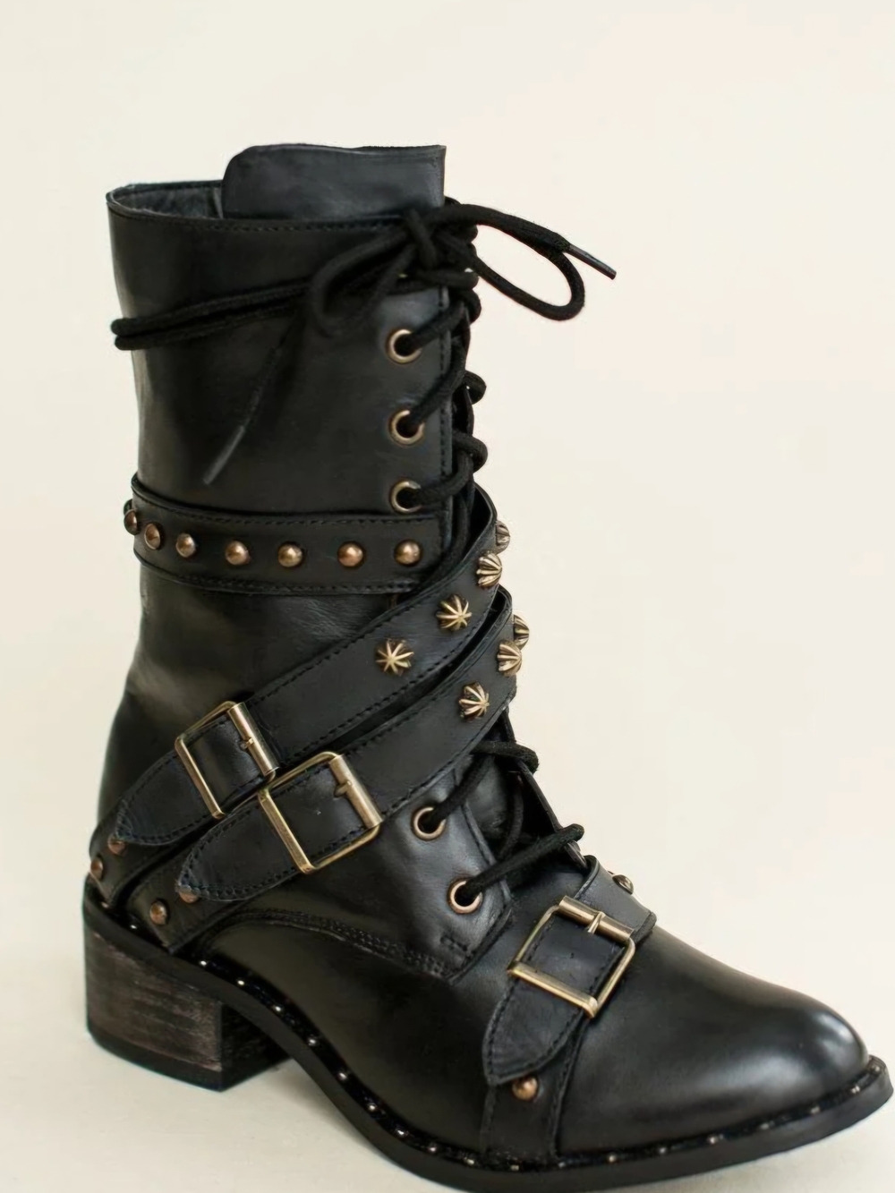 Joyfolie Black Studded Moto Combat Boots with Buckle Straps